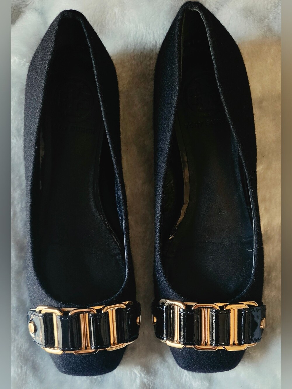Tory Burch Black Flats with Gold Chain Buckle